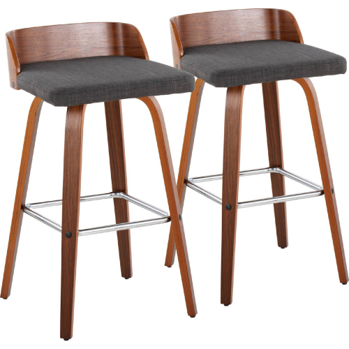 Maya 30" Swivel Bar Stool in Walnut Wood & Charcoal Fabric w/ Chrome Footrest (Set of 2)